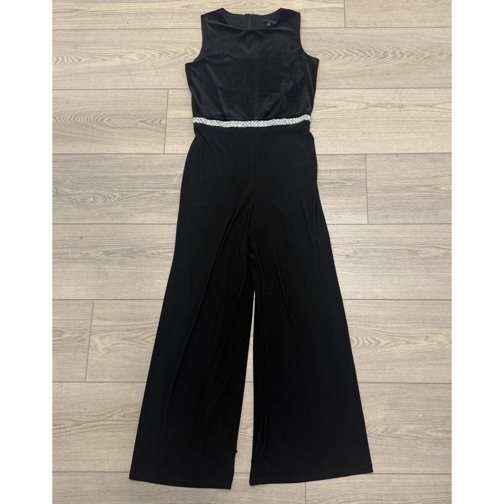Tiana B Womens Jumpsuit M Black Velvet Bodice Rhinestone Waist Wide Leg Evening
